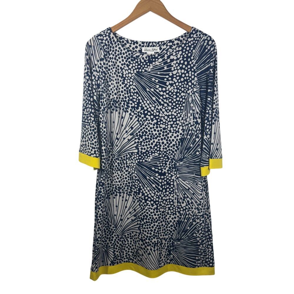 Laura Jeffries Dress Women Size 10 Blue White Yellow Geometric Spring 3/4 Sleeve
